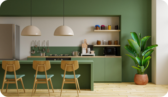 kuchnia z zieloną ścianą i meblami